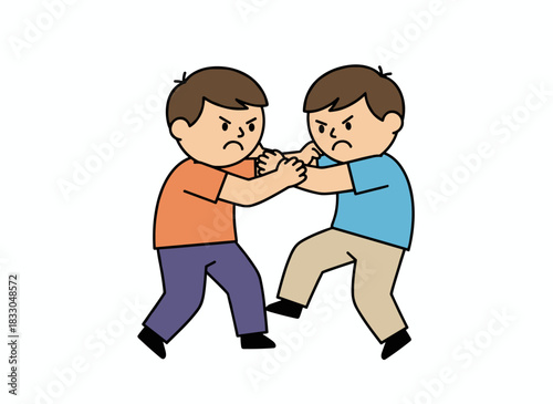 Two children in a brawl, depicting teenage aggression and school violence, shown as cartoon figures on a white background in a bright, flat vector style