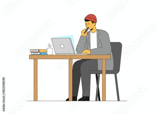 Exhausted, annoyed worker hunched over a laptop, feeling fatigue, sadness, boredom, and confusion at the computer; a sense of apathy, disinterest, and frustration pervades the workplace, depicted as