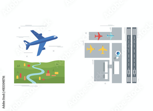 A series of horizontal banners featuring planes soaring over a seaside, taxiing and taking off from an airport runway, with passenger aircrafts and a spot for text, rendered in a modern, colorful