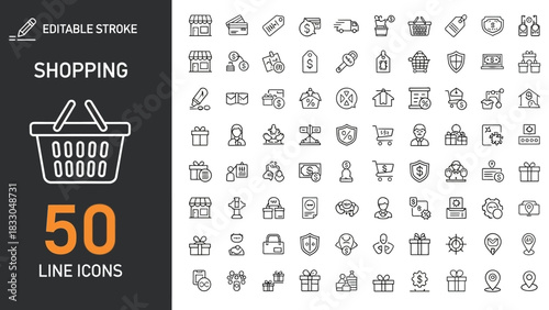 Collection of 50 Shopping Icons Symbolizing Retail, Commerce, and Online Purchase Activities