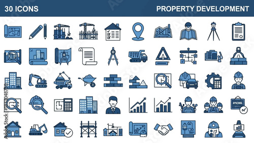 Collection of property development and real estate icons for construction and architecture projects. Vector line art symbol set