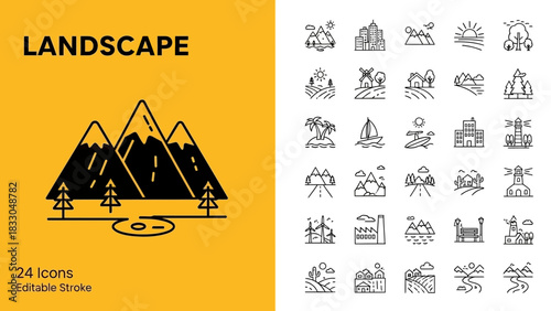 Editable vector line art icons collection for natural landscapes, outdoor environments, and adventure themes, perfect for graphic design and web projects