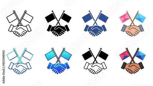Handshake icon with crossed flags representing international cooperation and agreement, available in various styles