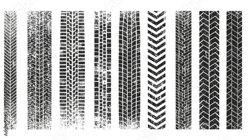 Various black grunge tire tracks and tread marks, a vector illustration set for creative design elements