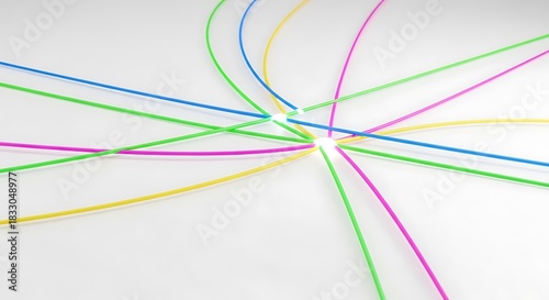 Colorful abstract lines converge and connect on a clean, bright background, symbolizing network and communication.