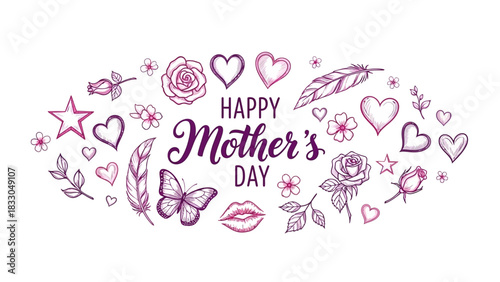 Hand-drawn Mother's Day illustration featuring hearts, flowers, a butterfly, and decorative elements with celebratory text.