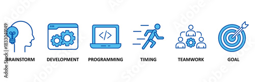 Hackathon banner web icon set In Blue Style vector illustration fordesign sprint-like social coding event with icon of brainstorm, development, programming, timing, speed, teamwork, and goal