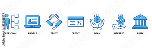 Microcredit banner web icon set In Blue Style vector illustration foricon of personal, profile, trust, credit, loan, interest and bank