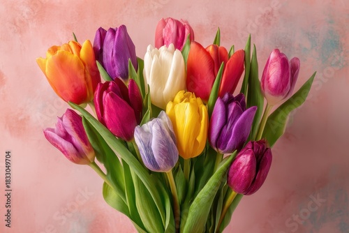Bunch of colorful tulip flowers with green leaves against pink textured background. Use this photo for spring, celebrations, or to illustrate a heartfelt message.