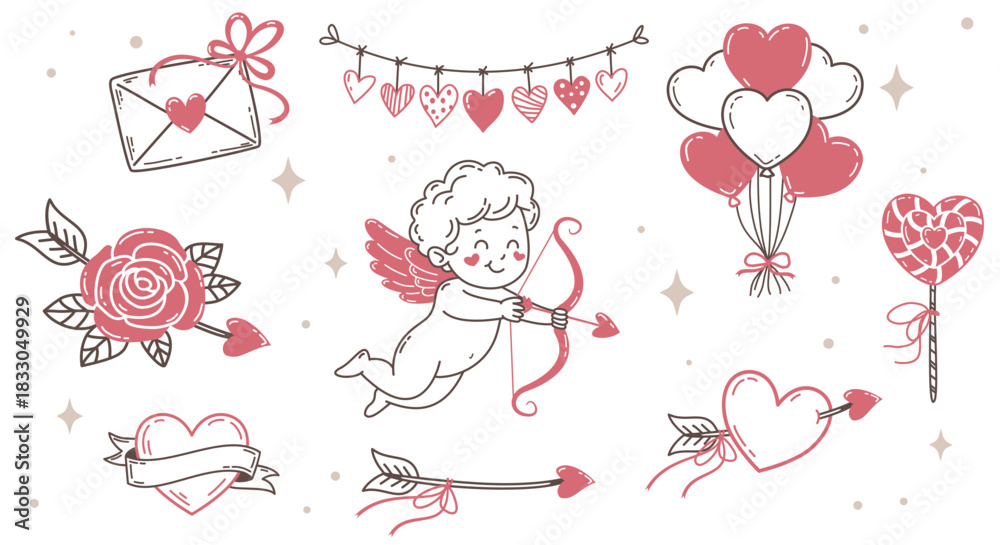 Fototapeta premium Vector set of Valentine's Day line art elements including flying Cupid with a bow and arrow, heart balloons, a rose, a love letter, lollipop. Perfect for greeting cards, posters, romantic projects.