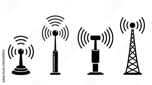 Set of black and white vector illustrations depicting various wireless communication towers and antenna icons emitting signal waves for network and broadcast services, perfect for technology design