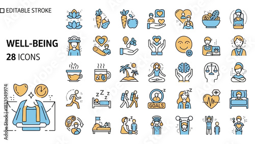Modern vector icon set for well-being, healthy lifestyle, and self-care. Editable stroke illustrations cover mental, physical health, relaxation, and balanced living concepts