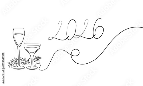 New Year 2026 Cheers toast festive decoration for holidays. Continuous line champagne cheers one line art, continuous drawing contour. Hands toasting with wine glasses with drinks. Vector illustration