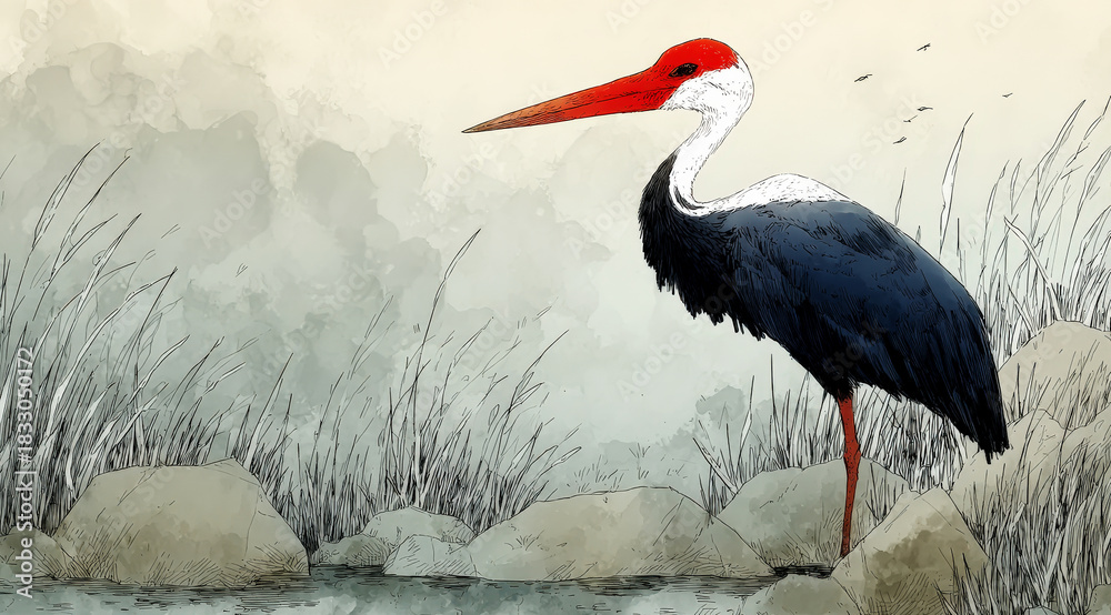 Naklejka premium A beautiful crane standing in a natural water environment