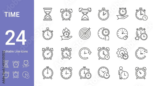 Collection of 24 Outline Icons related to Time Management and Punctuality for Design