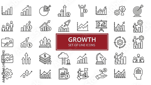 Comprehensive set of line vector icons illustrating business growth, financial progress, market trends, and statistical data analysis