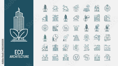 A comprehensive line art icon set illustrating concepts of eco architecture and sustainable development, featuring symbols for green city and smart building technology