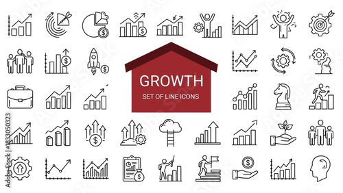 A comprehensive vector line icon set depicting business growth, financial success, market analytics, strategic planning, and economic development for modern digital and print design projects
