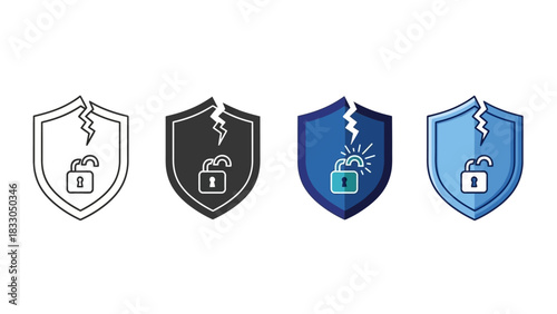 Vector illustration depicting a broken security shield and an unlocked padlock, symbolizing data breach, system vulnerability, and the concept of a cyber attack