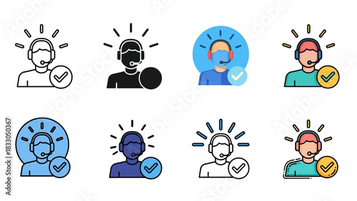 Customer Support Agent with Headset and Checkmark Icons A Comprehensive Vector Illustration Set Representing Successful Service and Assistance Solutions for Businesses