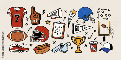 Hand-drawn American football vector illustration set with equipment, play icons, trophies, fan items, and doodle elements. Perfect for sports graphics, and game day designs.	
