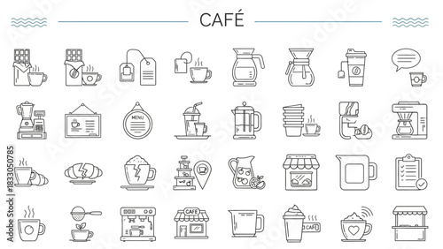 A delightful collection of cafe and coffee shop icons, featuring beverages, pastries, and essential equipment for a cozy ambiance