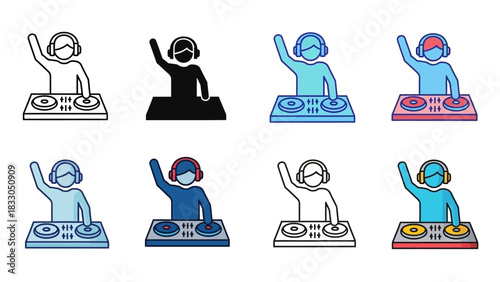 DJ Mixing at a Console Silhouette and Colorful Vector Icons for Music, Entertainment, and Nightlife Designs