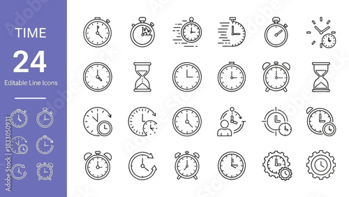 Modern outline vector icon set depicting diverse time concepts clocks, stopwatches, and hourglasses. Ideal for UI design, planning, and digital tracking applications