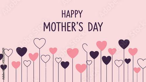A light pink background with "HAPPY MOTHER'S DAY" text and a border of stylized hearts on stems.