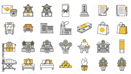 Modern vector icon collection covering diverse lifestyle aspects business, travel, and cultural memorial traditions for contemporary design projects