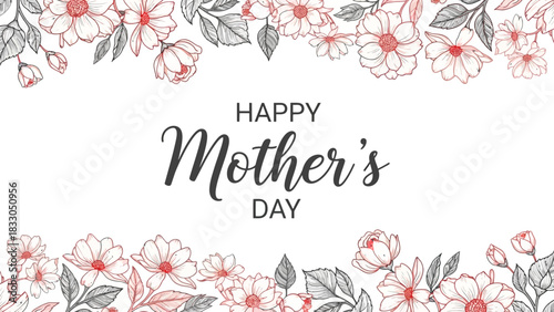 Happy Mother's Day greeting card with elegant floral borders in red and grey line art on a white background.