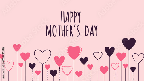 Happy Mother's Day greeting card with pink and dark hearts on stems against a light pink background, celebrating maternal love.