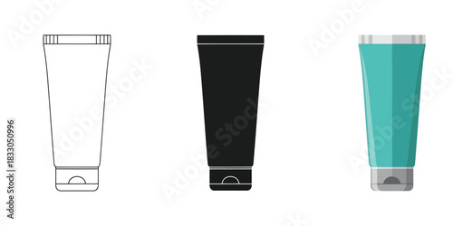 Cosmetic Squeeze Tubes In Three styles vector set line art, silhouette and color version
