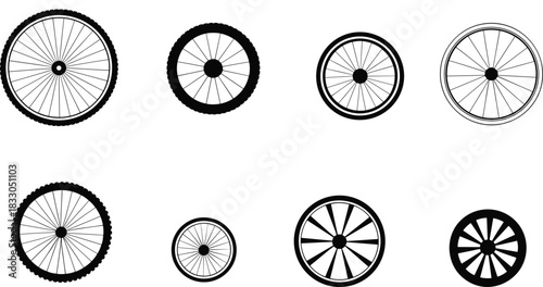Bicycle wheel silhouette set, cycling icon collection, spoke design shapes, bike tire symbols, transport vector elements, graphic circular template, sports illustration package