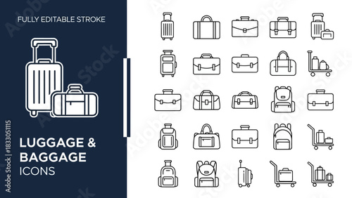 Comprehensive collection of minimalist outline vector icons depicting various types of travel luggage, suitcases, and baggage, ideal for modern graphic design, web applications, and mobile interfaces