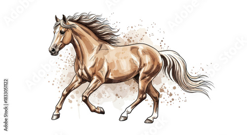 A beautiful palomino horse running with a flowing mane on a white background.