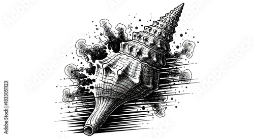Detailed conch shell illustration in dynamic black ink drawing style.