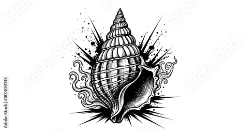Stylized conch shell illustration with abstract ink splashes.