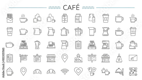 Collection of cafe and coffee shop icons for graphic design and digital use