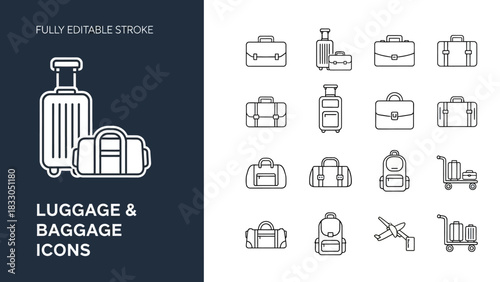 Set of luggage and baggage line icons for travel concepts. Vector illustration collection of editable stroke symbols for vacation and business trips