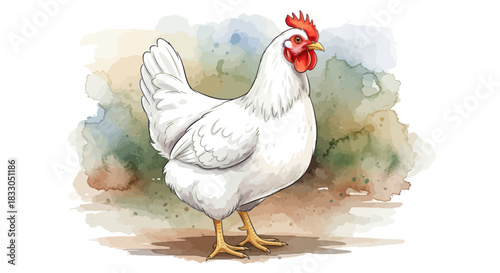 A beautiful white hen illustration with a soft watercolor background.