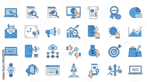 Vector illustration set for digital marketing and SEO. Contains modern line icons for online business, web analytics, and internet technology services