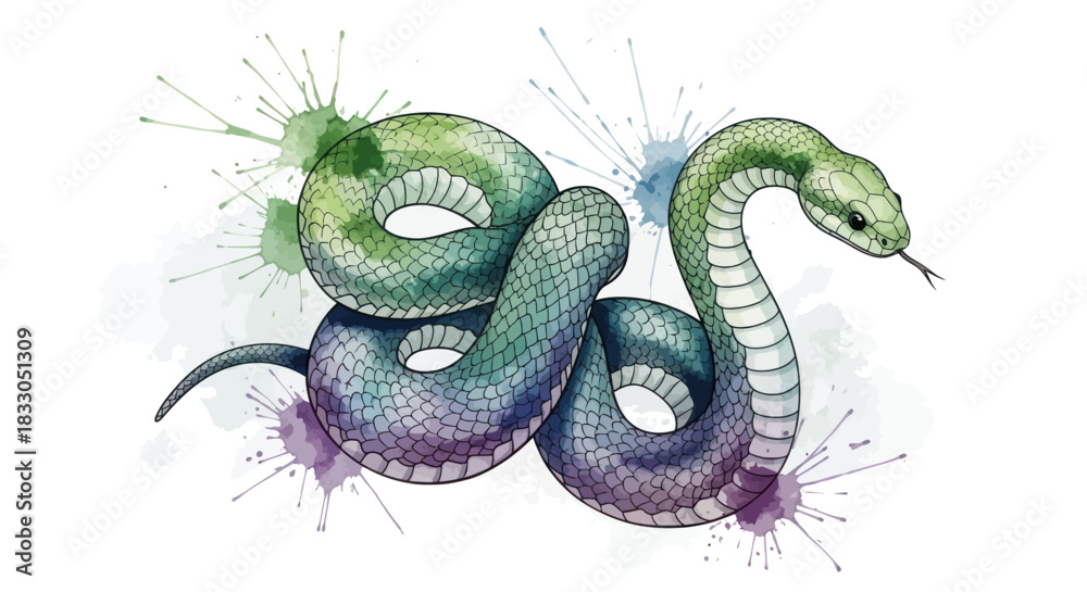 Obraz premium Vibrant watercolor snake illustration with colorful splashes on a white background.