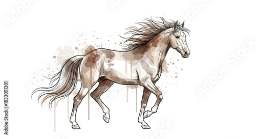 Dynamic watercolor illustration of a galloping horse with artistic splatter effects.