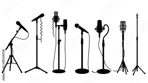 A vector illustration set of various microphone silhouettes on stands, perfect for music, broadcast, and studio recording concepts