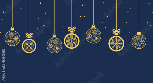 Elegant gold Christmas baubles and snowflakes hanging on dark blue background, festive holiday illustration perfect for seasonal greeting cards, winter banners, invitations and New Year party designs.