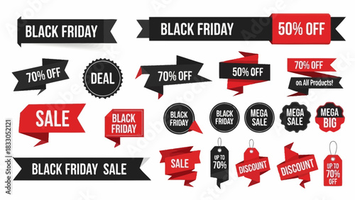 Black Friday Sale Ribbons and Tags Vector Illustration