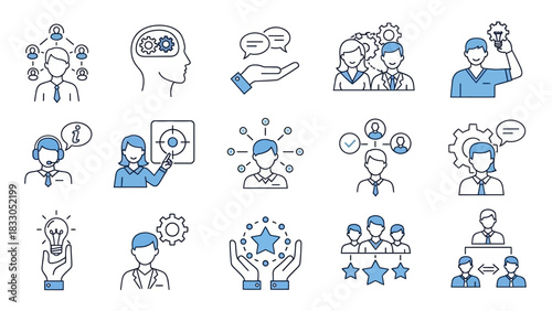 Collection of Line Icons Illustrating Business, Teamwork, and Communication Concepts