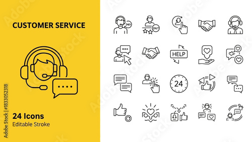 Customer Service Icons Set 24 Editable Stroke Icons for Communication, Support, and Feedback