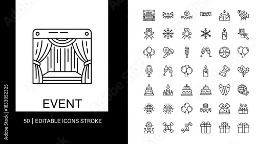 Celebration and party line icon set. Thin line vector symbols for events like birthdays and holidays. A collection of editable stroke illustrations for design